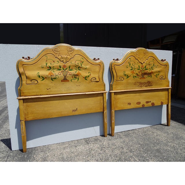 1950s Pair Vintage French Provincial Hand Painted Gold Floral Twin Headboards W Rails For Sale - Image 5 of 17