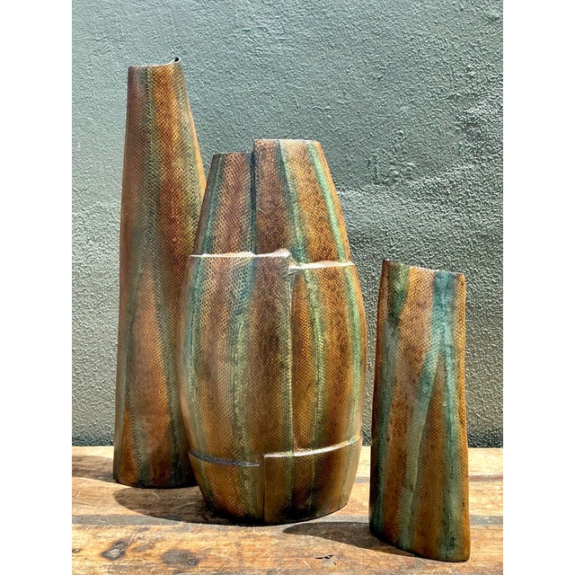 Vintage Snakeskin Wrapped Geometric Vases - Set of 3 For Sale - Image 11 of 12