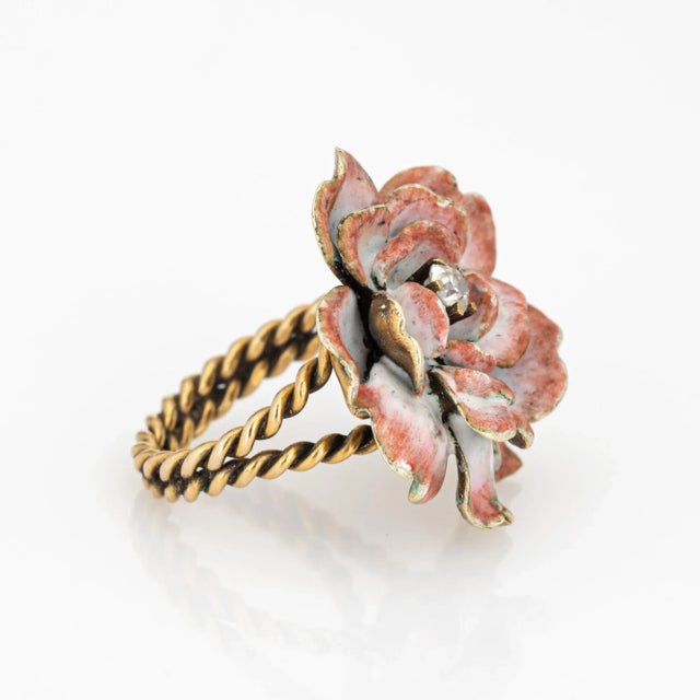 Vintage Enamel Flower Mine Diamond 14k Yellow Gold Ring Size 4.75 For Sale - Image 4 of 6