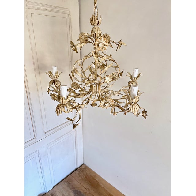 Vintage Italian Floral Tole 5-Light Chandelier in Cream Painted Metal, 1960s For Sale - Image 9 of 12
