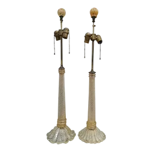 1930 Art Deco Italian Tall Murano Barovier & Toso Gold Coronado d'Oro Art Glass Table Lamps - a - Pair