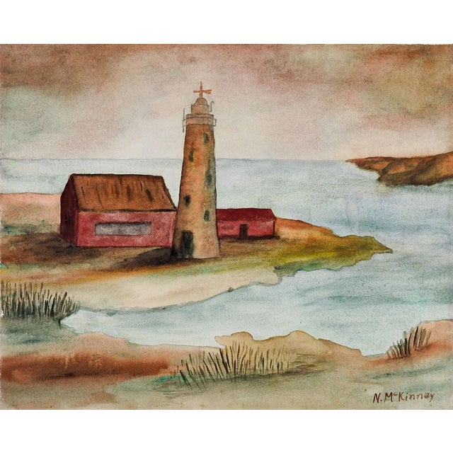 Mid 20th Century Folk Art Lighthouse Watercolor Painting For Sale