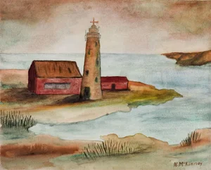 Mid 20th Century Folk Art Lighthouse Watercolor Painting