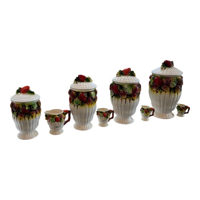 1970s Vintage Japanese Hand-Painted Ceramic Strawberry Canister & Measuring Set - 8 Pieces For Sale
