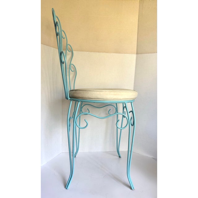Aqua Vintage Aqua Wrought Iron Vanity Chair With Shell-Shaped Scroll Back & Cushion For Sale - Image 8 of 12