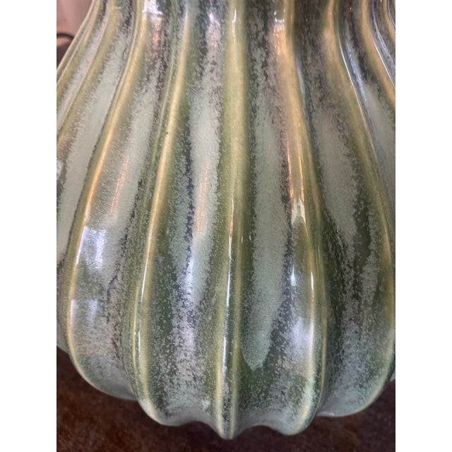 Mid 20th Century Large Mid Century Modern Ribbed Green Drip Glaze Ceramic Table Lamp For Sale - Image 5 of 11