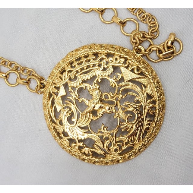 Mid-Century Modern Vintage Signed Napier Goldtone Coat of Arms Pendant Necklace, 1971 Ad Piece For Sale - Image 3 of 9