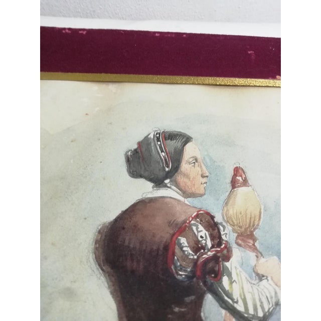 Woman Working at the Spinning Wheel, 1800s, Watercolour For Sale - Image 10 of 14
