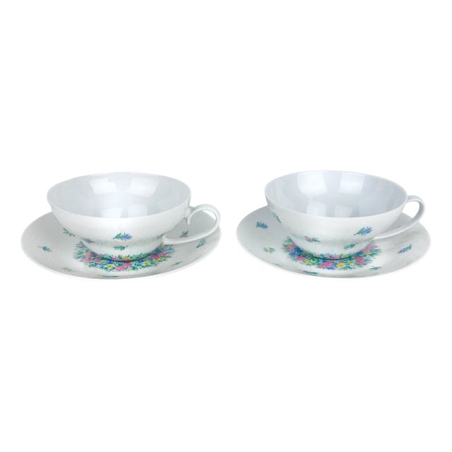 Vintage Studio Linie Romance Garland Floral Porcelain Cup and Saucer Set by Bjorn Wiinblad for Rosenthal, Set of 2 For Sale