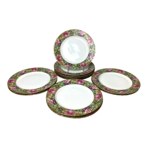 Late 20th Century 10 Rosenthal Bavaria Pink Rose Floral With Gold Decorative Edge Dinner Plates