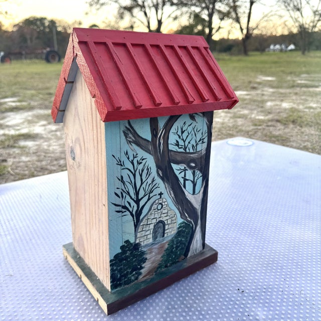 1980s 1970s Hand Painted Asymmetrical Wooden Birdhouse For Sale - Image 5 of 6