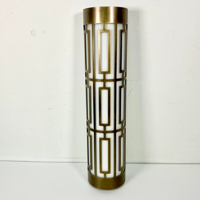 Vintage Hollywood Regency Roman Empire Style Cylinder Tole Bronze Wall Sconce, Milk Glass. For Sale - Image 12 of 13