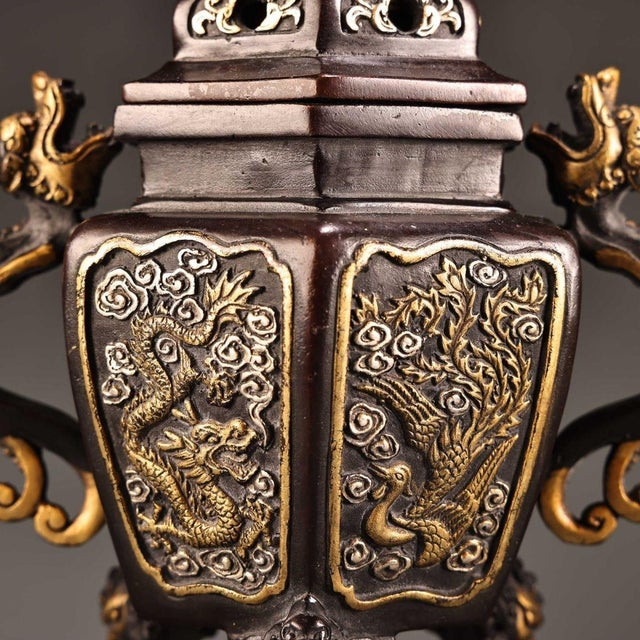 Bronze Gilt Bronze Censer With Dragon Handles & Qilin Finial - Incense Burner For Sale - Image 8 of 8