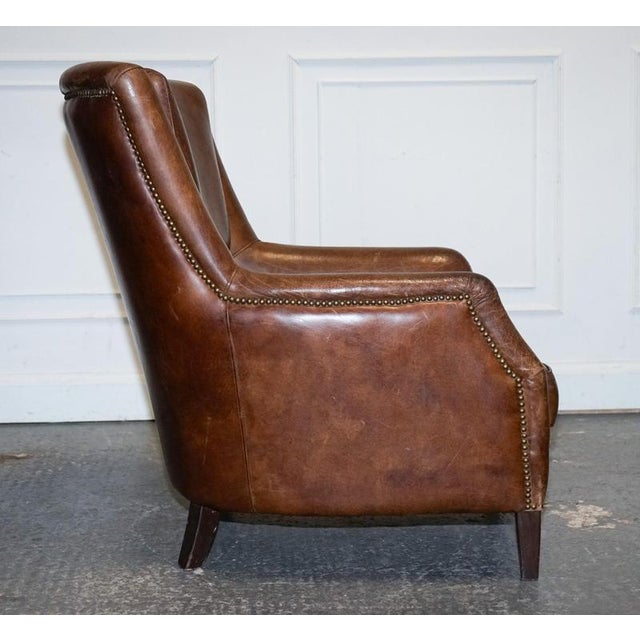 Animal Skin Vintage Brown Heritage Leather Reading Lounge Armchair in the style of Halo and Timothy Oulton For Sale - Image 7 of 16