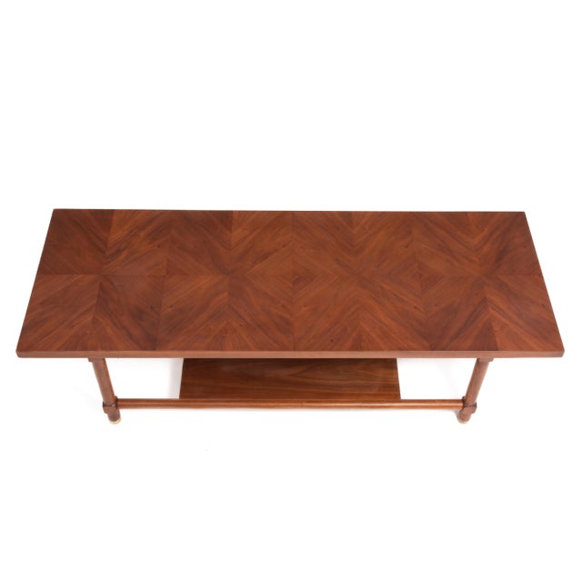 Walnut Mid Century Checkerboard Coffee Table Brass Cap Feet After Carl Axel Acking For Sale - Image 9 of 13