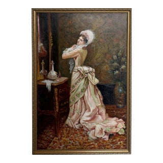 Victorian Style Interior Oil Painting Elegant Lady in Pink Gown, Framed For Sale