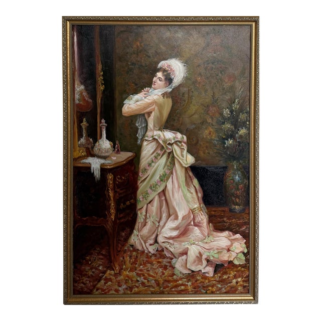 Victorian Style Interior Oil Painting Elegant Lady in Pink Gown, Framed For Sale