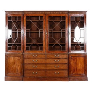 Antique English Breakfront Inlaid Glazed Bookcase in Mahogany, 1870 For Sale