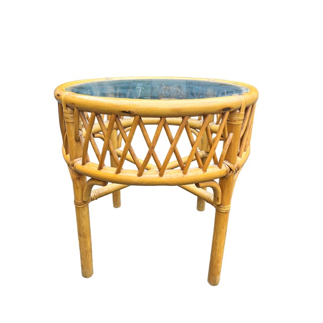 Vintage Bamboo Rattan Wicker Style Glass Top Table End Side or Accent Table Single table in boho chic coastal styles