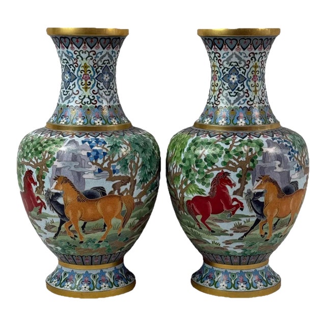 Pair of Chinese Cloisonne Enamel Horse Vases Gold Scrolls Horses Equestrian For Sale