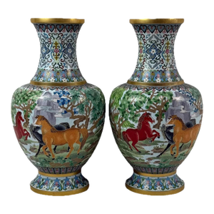 Pair of Chinese Cloisonne Enamel Horse Vases Gold Scrolls Horses Equestrian