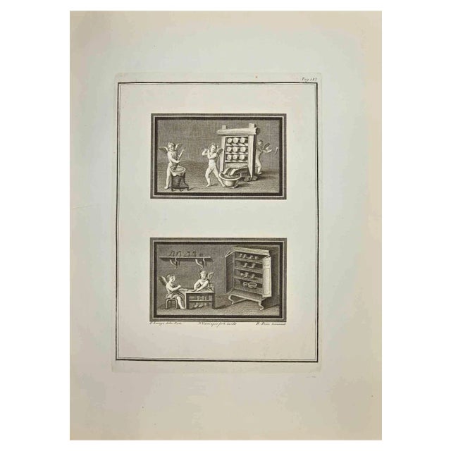 Roccus Pozzi, Cupids and Genii While Work, Etching, 18th Century For Sale