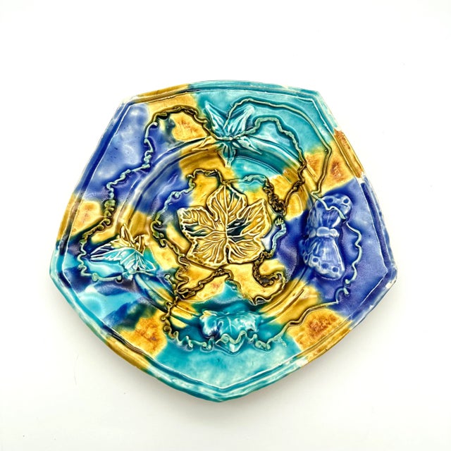 Shabby Chic Early 21st Century Studio Pottery Pentagon Majolica Decorative Plate Blue & Yellow For Sale - Image 3 of 8