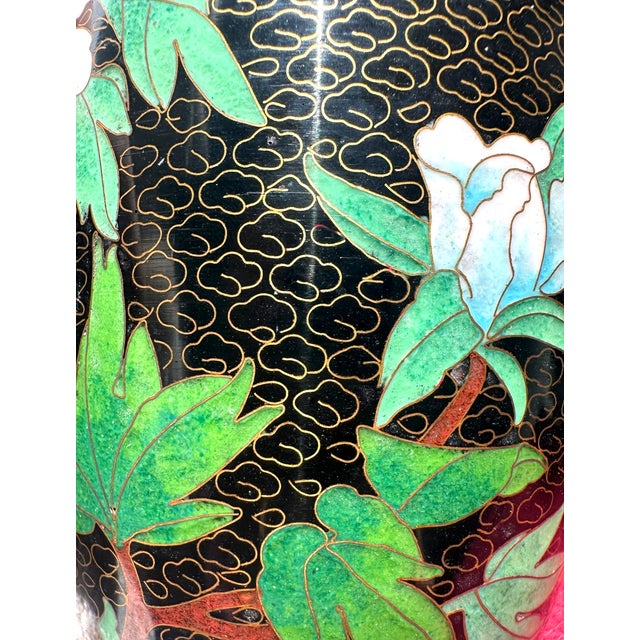 Vintage Chinese Black Cloisonné Enamel Peony & Butterfly Vase, 8" For Sale - Image 10 of 13