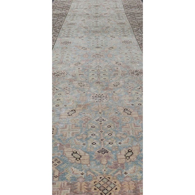 Antique Persian Malayer Runner With Sub-Geometric Design in Blue and Brown Tones 3'5 X 12'10 For Sale In Atlanta - Image 6 of 15