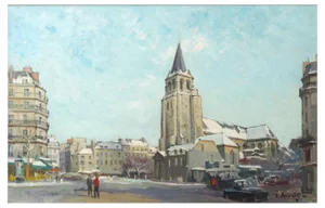 Constantine Kluge, Saint Germain-Des-Prés Under the Snow, Oil on Canvas, 1950s