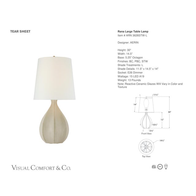 AERIN by Visual Comfort Signature Rana Large Table Lamp in Stone White with Linen Shade Designer: AERIN Height: 30" Base:...