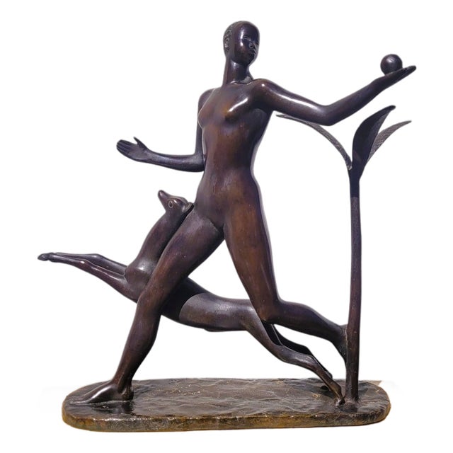20th Century Man with Antelope in Bronze and Marble For Sale