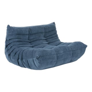 Iconic Ligne Roset Togo Loveseat in Adriatic Blue Corduroy - Fully Restored For Sale