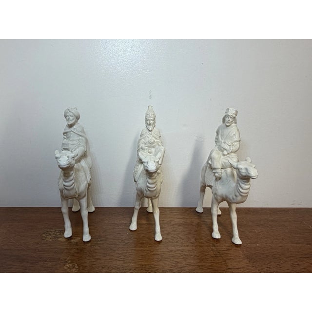 1990s Vintage Three Wise Men on Camels Figurines Set of 3 White Ceramic Nativity Magi For Sale - Image 5 of 16