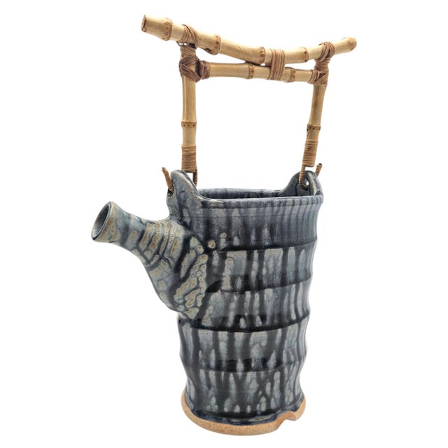 Late 20th Century John Kinder Bend Oregon Studio Pottery Teapot Planter Bamboo Handle 12.5" For Sale - Image 5 of 13