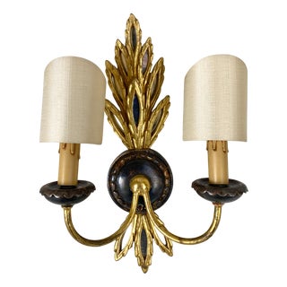 Vintage Carved Wall Sconce in Gilded Metal and Wood, 1950s For Sale