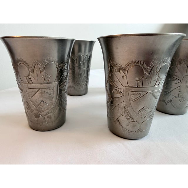 Mid 20th Century Vintage Set of 5 Heraldic Crest Style Mecap Pewter Tumbler Cups Made in Belgium For Sale - Image 5 of 8