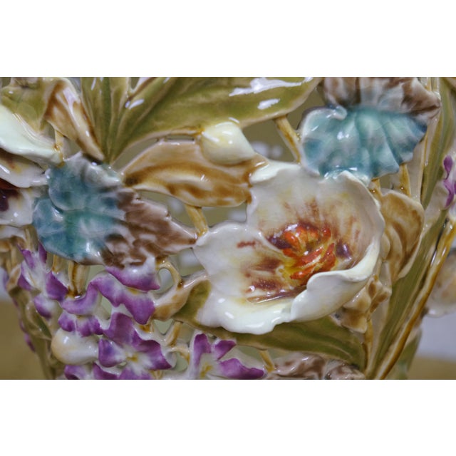 Antique Art Nouveau Hungarian Zsolnay Tádé Sikorski Openwork Floral Mallow Vases For Sale - Image 16 of 18