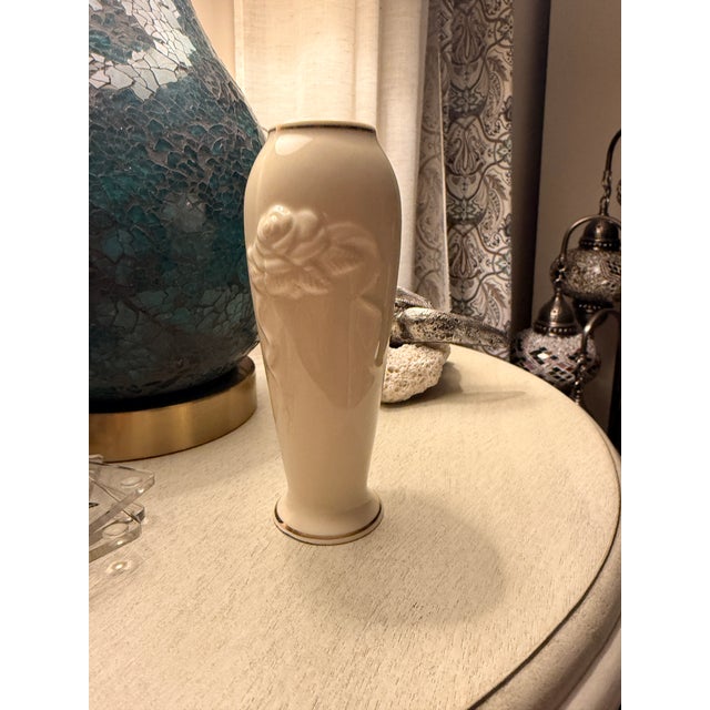 Ceramic Vintage Lenox Rose Blossom Vase Crafted From Ivory Porcelain With 24k Gold Trim. For Sale - Image 7 of 11