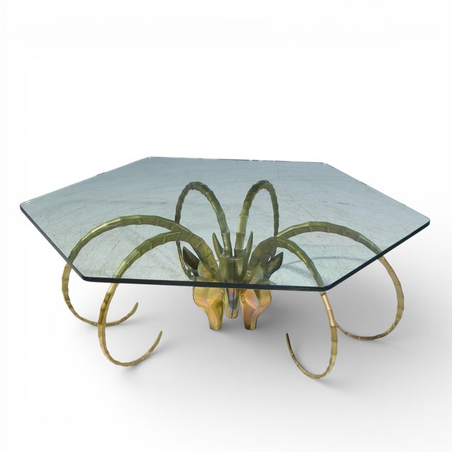 Mid 20th Century Alain Chervet Mid Century Brass Ibex Glass Top Coffee Table For Sale - Image 5 of 5