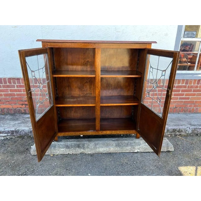 Antique Early 20th Century Arts & Crafts Mission Style Leaded Glass Oak Bookcase For Sale - Image 9 of 11