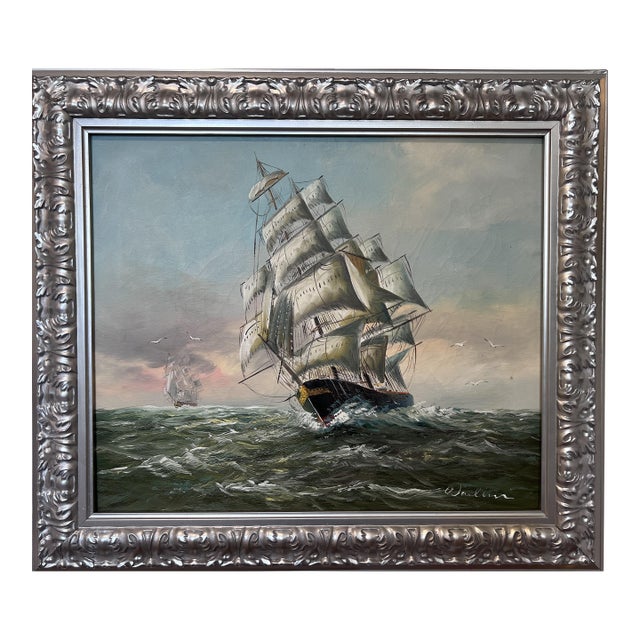 Vintage European Marine Original Oil Painting Tall Ship Seascape Signed Framed For Sale