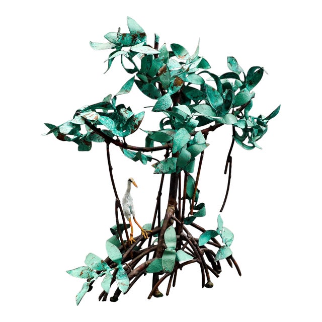 Mid 20th Century Jim Lewk Signed Florida Mangrove Heron Bird Verdigris Patina Copper Sculpture For Sale