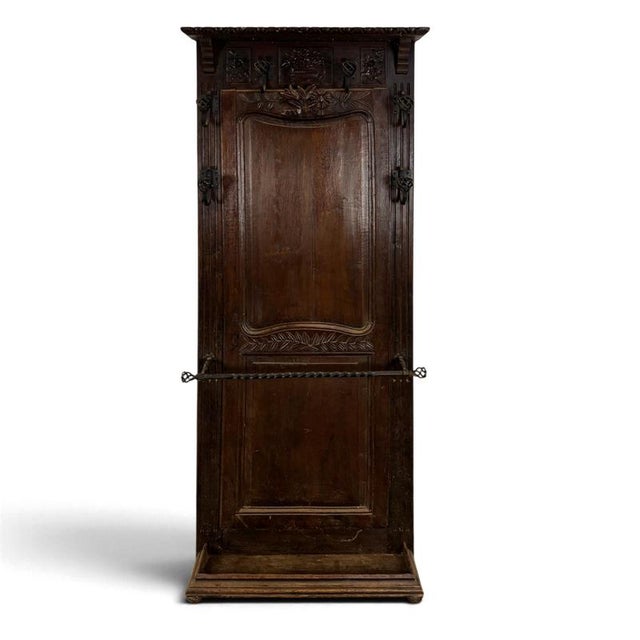 Carved Oak Entryway Coat Rack with Wrought Iron Hooks For Sale - Image 6 of 6