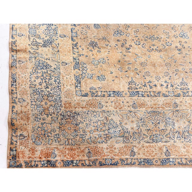 Late 19th Century Fine Antique Persian Kirman Beige, Blue, Green Handmade Wool Rug For Sale - Image 5 of 9