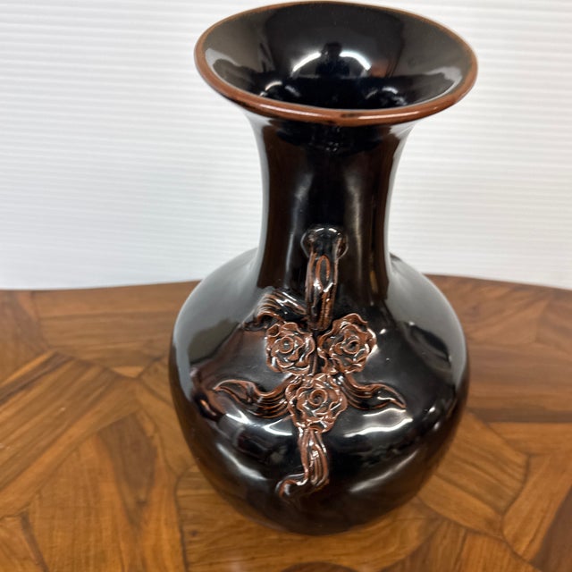 Antique Replica Chinese Dark Glaze Twin-Handle Floral Pottery Vase For Sale - Image 11 of 12