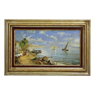 Allegretti Mario Rosario, Melancholic Landscape with Marine Scene of Naples, 1980s, Oil on Wood, Framed For Sale