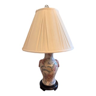 Vintage 32” Chinoiserie Floral Porcelain Table Lamp With Raised Flower Knockers and Shade For Sale