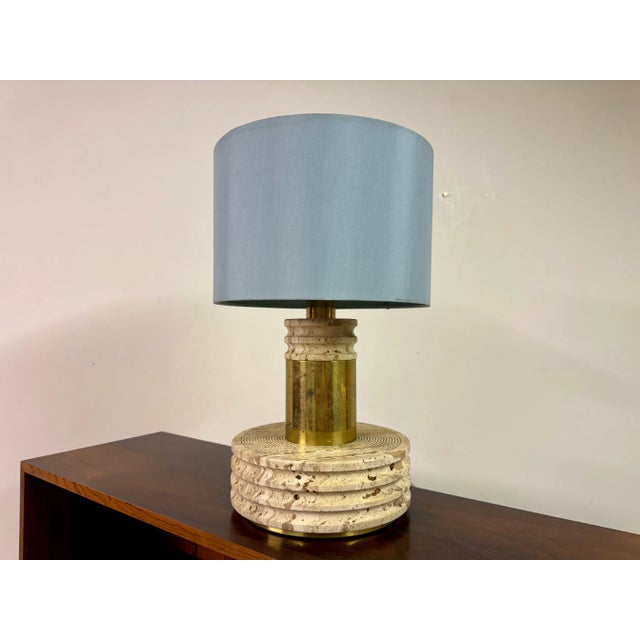 Beige Vintage Italian Travertine and Brass Table Lamp, 1970s For Sale - Image 8 of 10