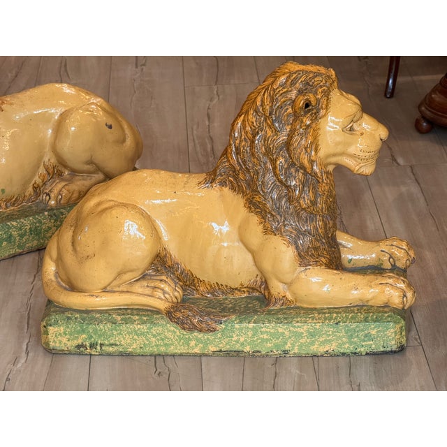 French Pair of 19th Century French Faience Glazed Ceramic Recumbent Lions For Sale - Image 3 of 9